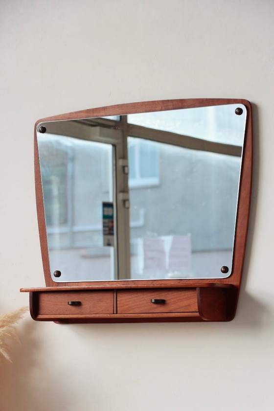 Image 1 of Scandinavian Teak Wall Mirror with Drawers – Mid-Century Danish Design