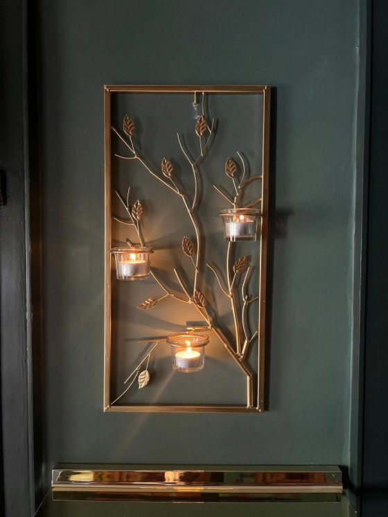 Gold Painted Metal Lantern Grid with Leafy Vines, Rectangular Balcony Decor – Candle holders, Glass (photo 4 of 9)