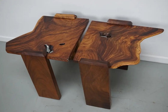 Image 1 of Ensemble de deux tables basses vintage en noyer naturel, vers 1970/1980