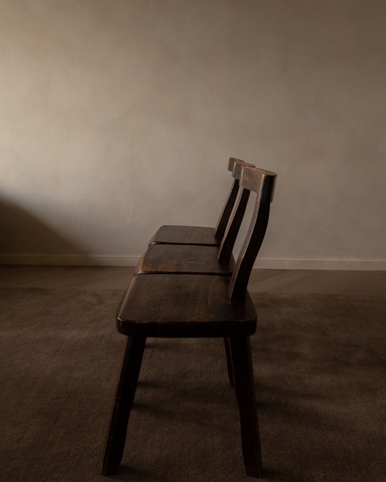 Image 1 of Set of 3 Vintage “T” Dining Chairs by Aranjou, France (c.1960s) – Stained Elm, Brutalist Sculptural
