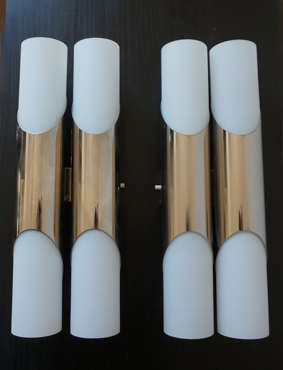 Image 1 of Pareja de apliques de cromo/vidrio opalino Neuhaus de Rolf Krüger, 1960