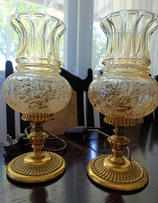 Par de lámparas de mesa vintage de cristal de mercurio de 29 cm – tafellampen, Brass, Glass (photo 2 of 11)