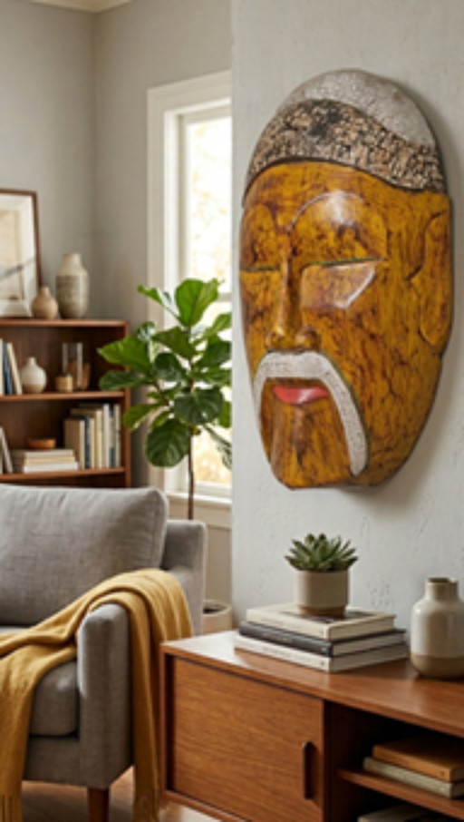 Masque ethnique en bois sculpté - Décoration intérieure de style asiatique indonésien vintage