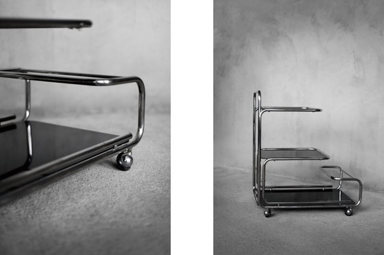 Image 1 of Vintage Mid-Century German Modern Bauhaus Chrome & Glass Serving Trolley or Bar Cart, 1960s