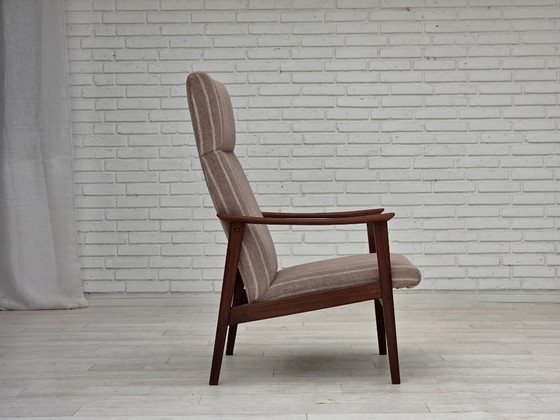 Image 1 of Poltrona danese con schienale alto, anni '70, lana per mobili, legno di teak, originale.