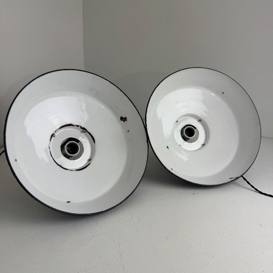 Image 1 of Pair of vintage industrial enameled "Mazda" pendant lights, 35 cm