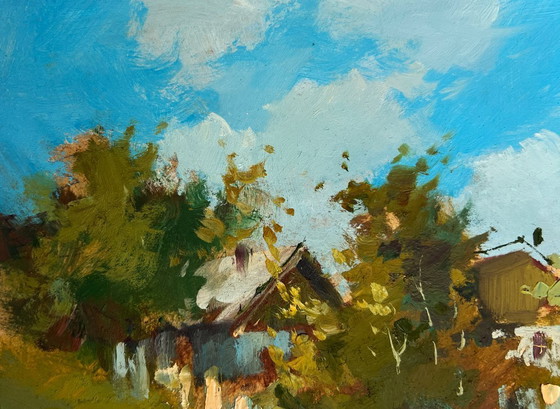 Image 1 of Dipinto ad olio originale: Paesaggio estivo di un villaggio. Veduta del villaggio e della chiesa.