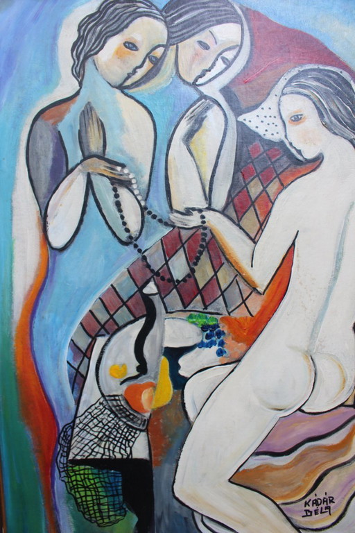 Modernist Hungarian Style Oil Painting Three Graces Homage to Béla Kádár