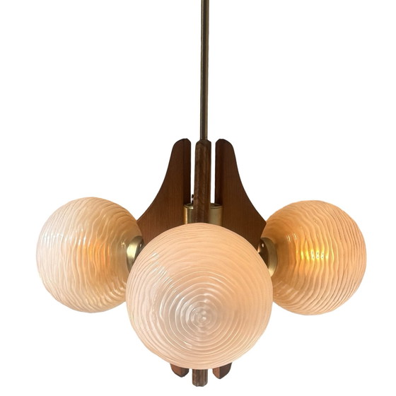 Image 1 of Hanging pendant - Model Sputnik - Wooden base, brass details and three glass domes - Mcm / Space Age Design