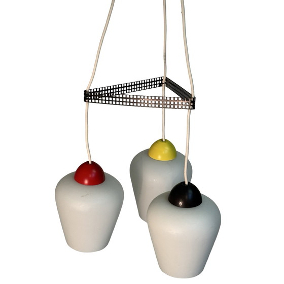 Image 1 of Vintage 50’s MCM Hanging pendant - Frosted / semi translucent white glass and multi color top - Attr. Louis Kalff / Phillips - s