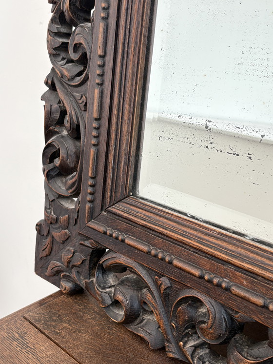 Image 1 of Antique Mirror With Facet And Floral Pattern Woodcarving
