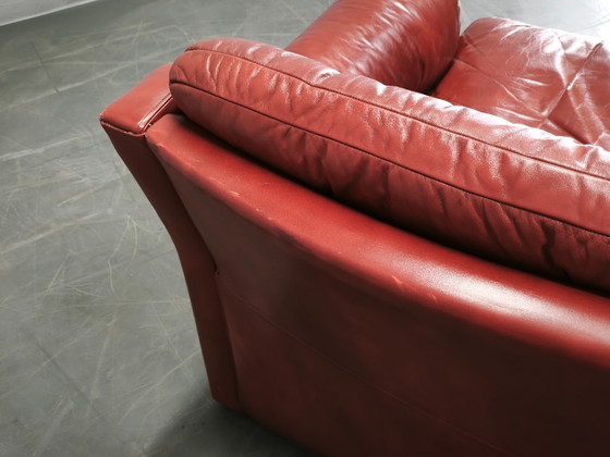 1970s Danish Modern Red Leather Two-Seater Sofa, Scandinavian Design, 2 seaters, Vintage (photo 11 of 15)