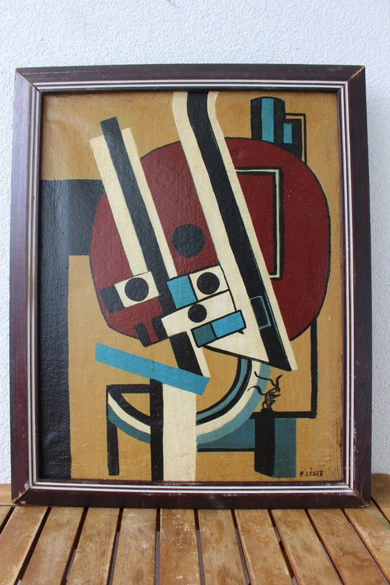 Image 1 of Composition mécanique abstraite vintage – Peinture à l'huile de style géométrique audacieux signée F. Léger