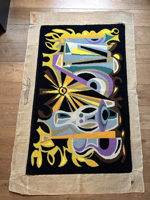 Mid - Century French cubist art carpet needle loom