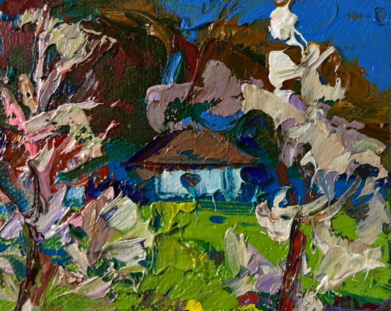 Image 1 of Original Oil Painting Day Village Landscape Spring awakens in light