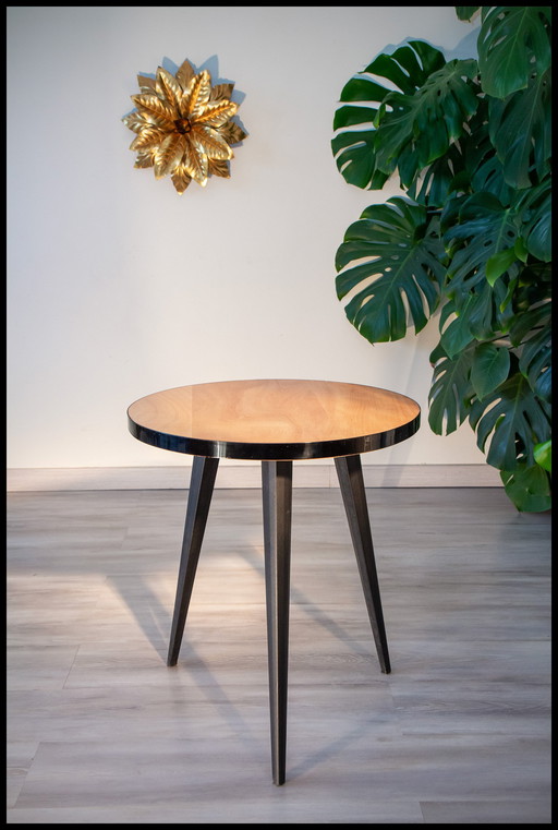 Guéridon Tripode Année 50, Table d'Appoint, Bois et Métal Gainé