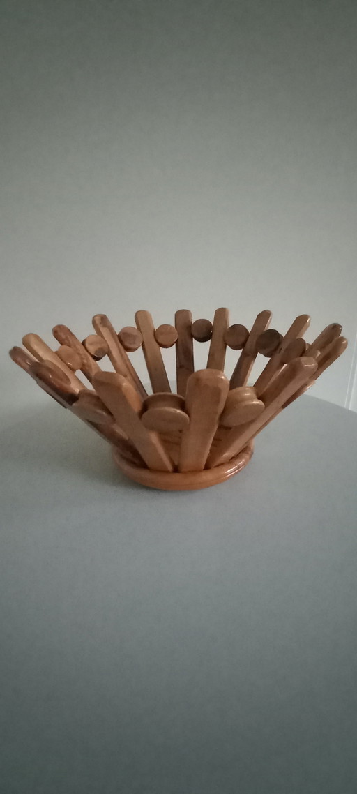 corbeille à fruits vintage en bois, corbeille à pain artisanale en bois des années 70