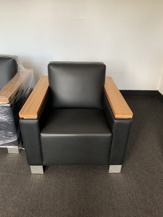 Image 1 of Set of 5 Alter Modus Vivendi armchairs in black leather, zebrano wood, and stainless steel legs