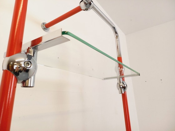 Image 1 of Modular Bauhaus-style vintage bookcase in red metal, chrome and glass from the 1970s