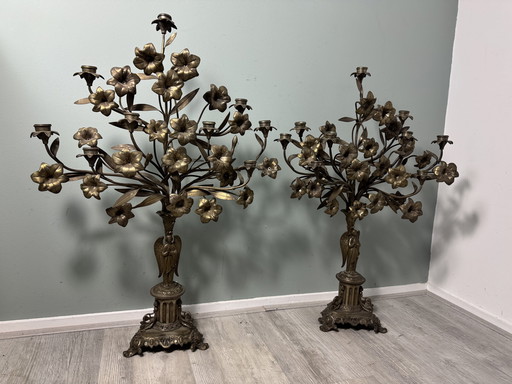 Set of 2 antique church candlesticks Art Nouveau The right one has the rod with bathing broken off( this needs to be welded )