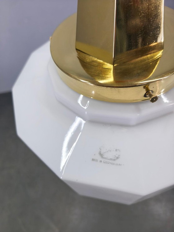 Image 1 of Art Deco Brass Pendant with Geometric Opaline Glass, Czechoslovakia 1930s