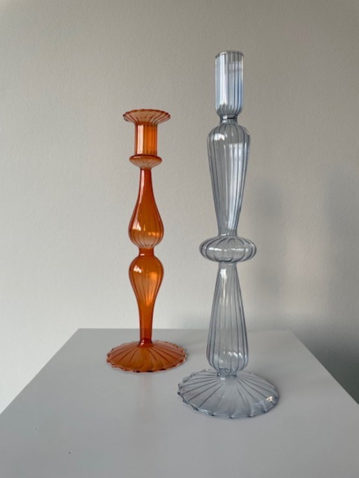 Set of 2 glass candlesticks - light blue & orange - elegant ribbed design