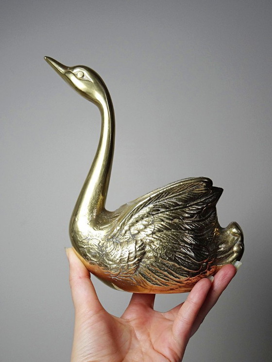 Image 1 of Vintage swan planter/trinket dish in cast gold brass, 1970s-80s
