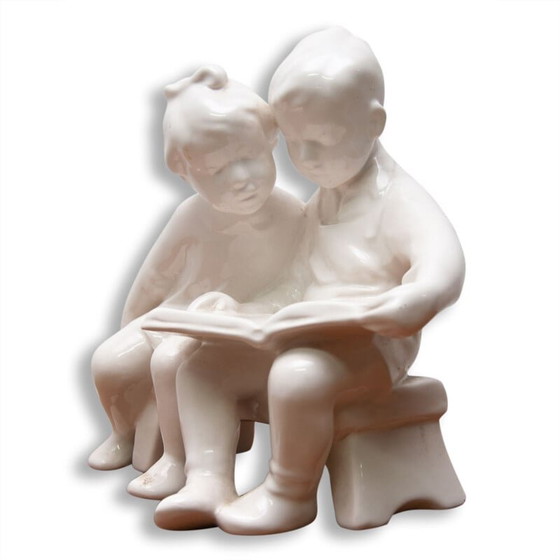 Image 1 of Vintage ceramic sculpture children with a book by Keramia Znojmo, Czechoslovakia 1950