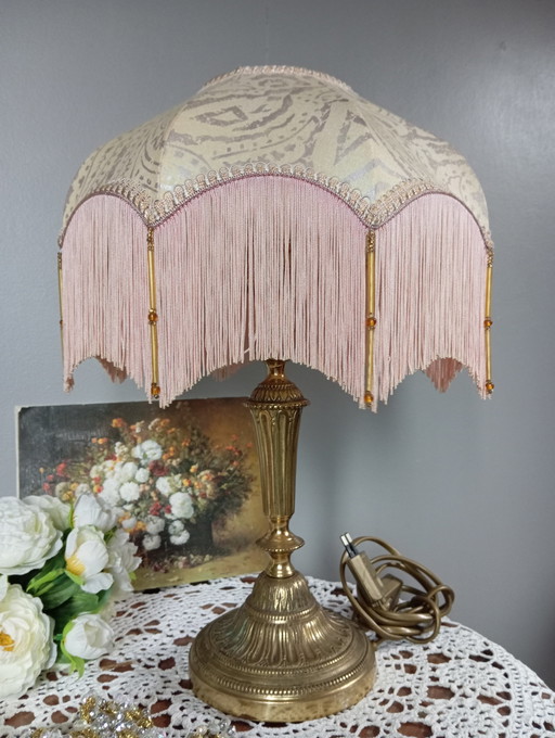 Bronze Living Room Lamp, Art Nouveau Style, Fabric and Fringe Dome Lampshade