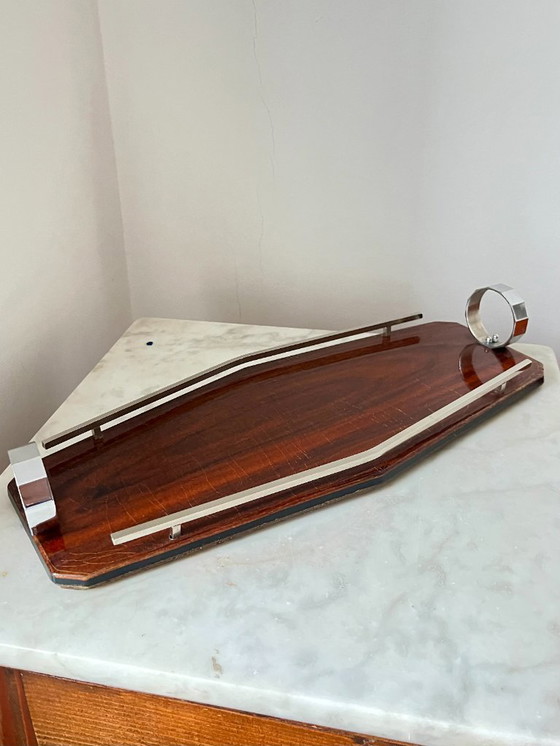 Image 1 of Plateau de service Art déco en bois et chrome – Design géométrique, vintage années 1930
