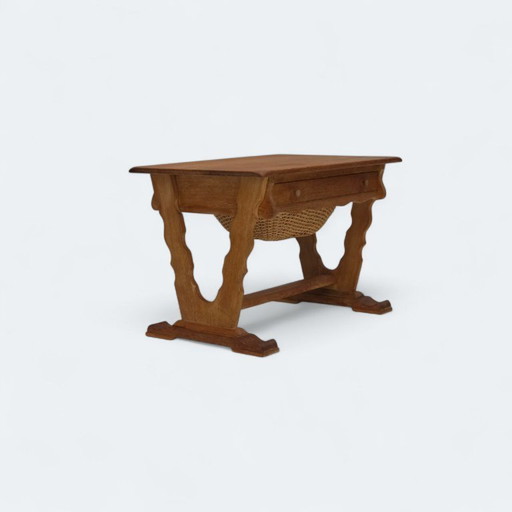 1970s, Scandinavian side table with drawers, solid oak wood, rattan.