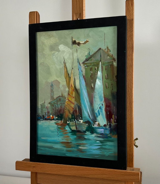 Original Oil Painting Coastal City Landscape A quiet harbor near Venice
