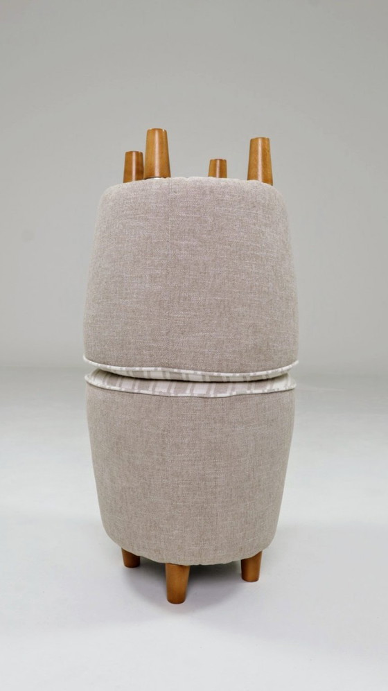 Image 1 of Vintage pouf stool natural Lin fabric beige white stripes 