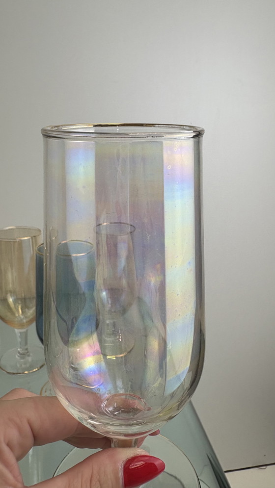 Image 1 of 8 x Vintage iridescent wine glasses or water glasses rainbow glass