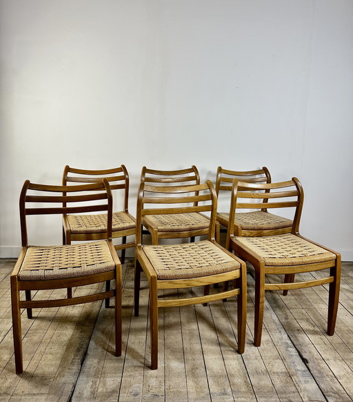 Blond teakhout en touw Deense stoelen (set van 6) 1970's