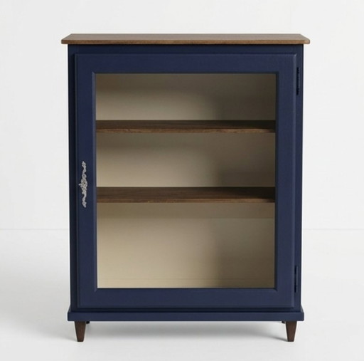 Libreria bassa vintage con ante in vetro, color blu notte, anni '50.