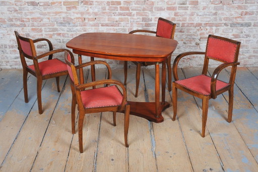 Set of Four Restored Art Deco Chairs, by Jules Leleu, Beech, France, 1930s – eetkamerstoelen, Metal, Textile (photo 2 of 12)