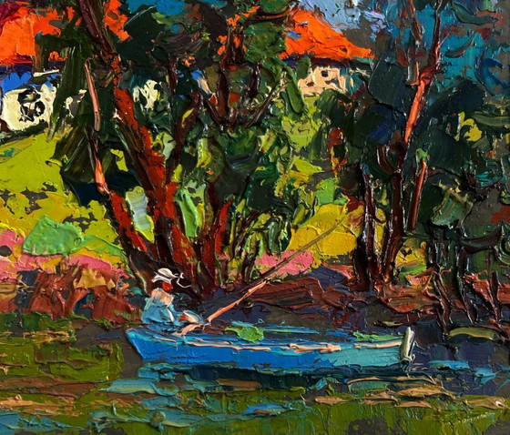 Image 1 of Original Oil Painting Evening River Landscape Fishing in the summer