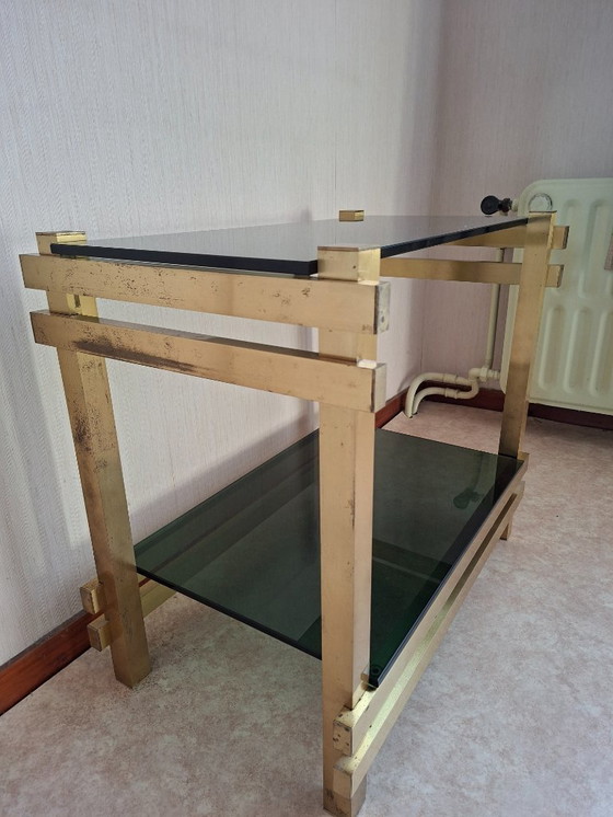 Image 1 of Vintage brass side table with 2 smoked glass shelves
