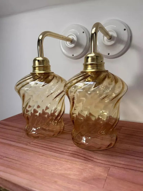 Image 1 of Set Of 2 Vintage Gold Glass Wall Sconces