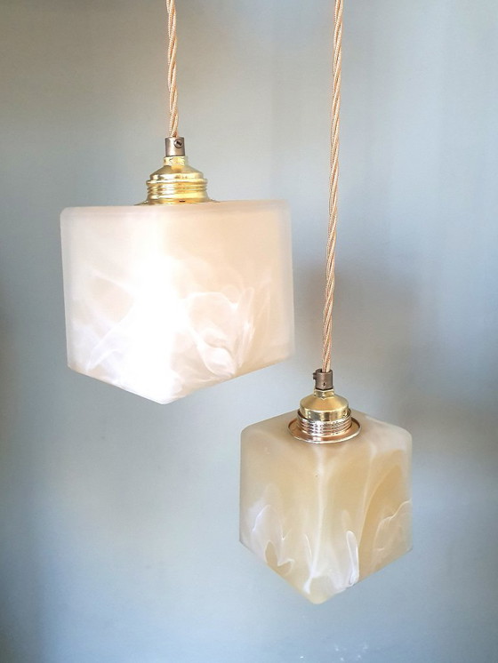Image 1 of 2 Mid-Century Square Glass Clouded Alabaster Lamps