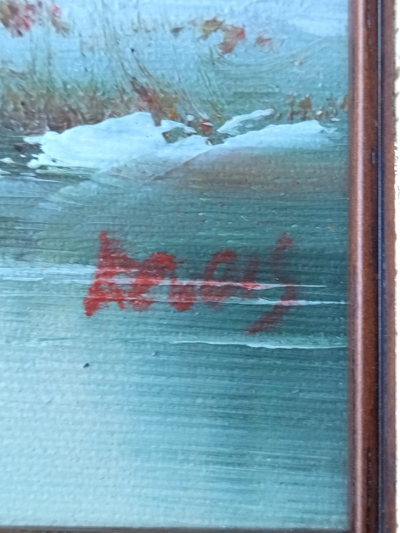 Image 1 of Dipinto vintage degli anni '70/'80, paesaggio invernale, olio su tela, cornice in legno.