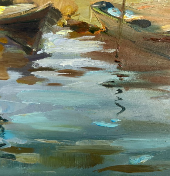 Image 1 of Origineel olieverfschilderij: Zomers kustlandschap, zomerse rust aan de rivier