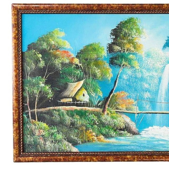Image 1 of Vintage Indonesiano pittura ad olio XL paesaggio cascata