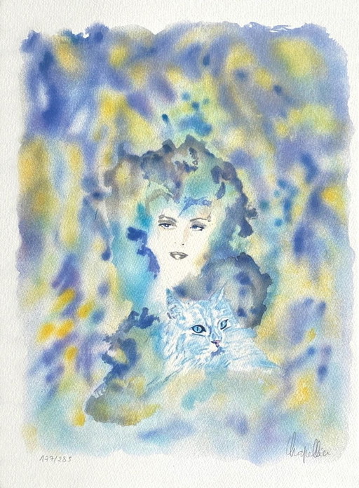 Cécile Chapellier, Young Woman with White Cat, Signed Lithograph, 1990