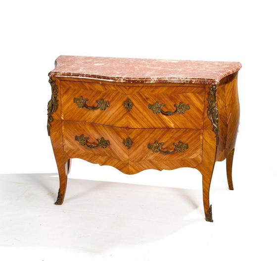 Cómoda curvada estilo Luis XV en marquetería y mármol rojo, Francia, finales del siglo XIX – Style Louis XV (photo 3 of 6)