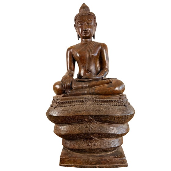Buda Muchalinda Monumental de Bronce – Tailandia, Siglos XIII–XIV – 122 cm – Esculturas, Bronze, Gold (photo 4 of 11)