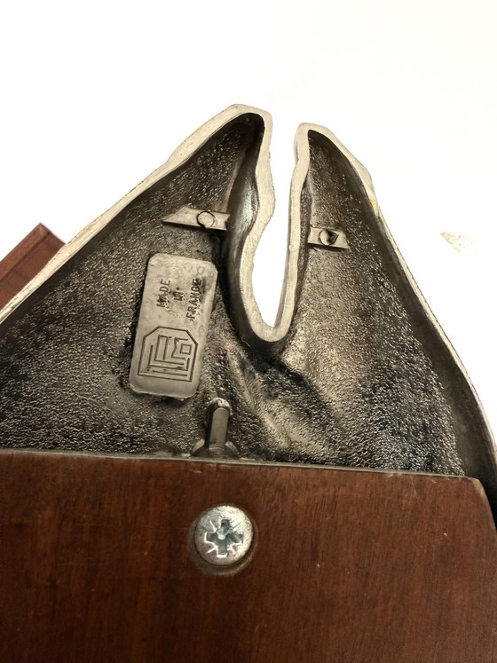 Image 1 of Planche à découper vintage en teck et argent, motif saumon et truite, années 60