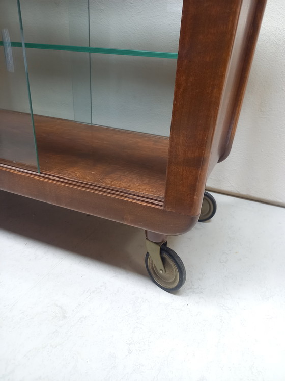 Image 1 of Chariot de service Art déco, chariot à thé, armoire à boissons, verre vintage, bois