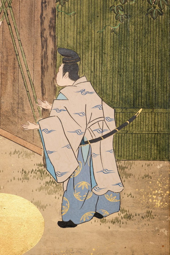 Image 1 of Antico paravento giapponese a sei pannelli con raffigurazione della storia di Genji.
